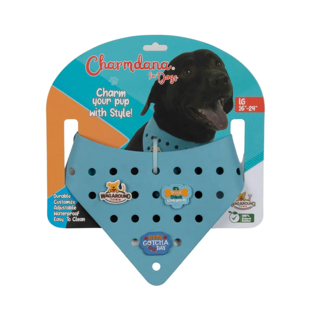 Charmdana- Light Weight- Blue - Rubber Dog Bandana with Charms! Wag Around Town