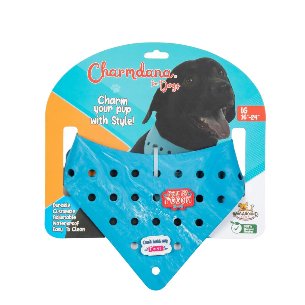 Charmdana-  Light Weight- Blue Wave- Rubber Dog Bandana with Charms! Wag Around Town