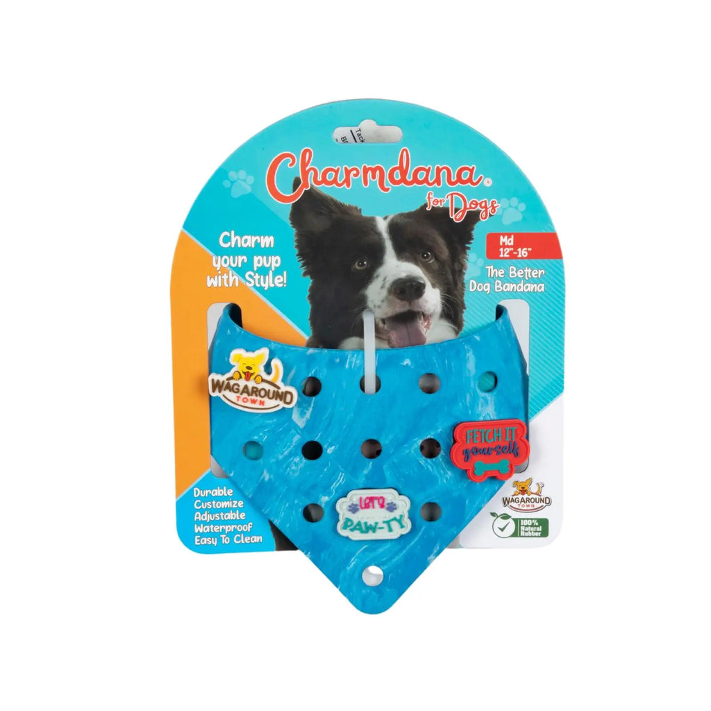 Charmdana-  Light Weight- Blue Wave- Rubber Dog Bandana with Charms! Wag Around Town