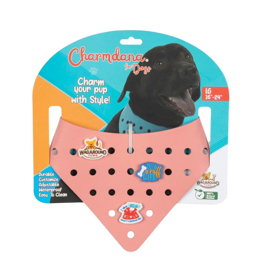 Charmdana- Light Weight-  Pink - Rubber Dog Bandana with Charms! Wag Around Town