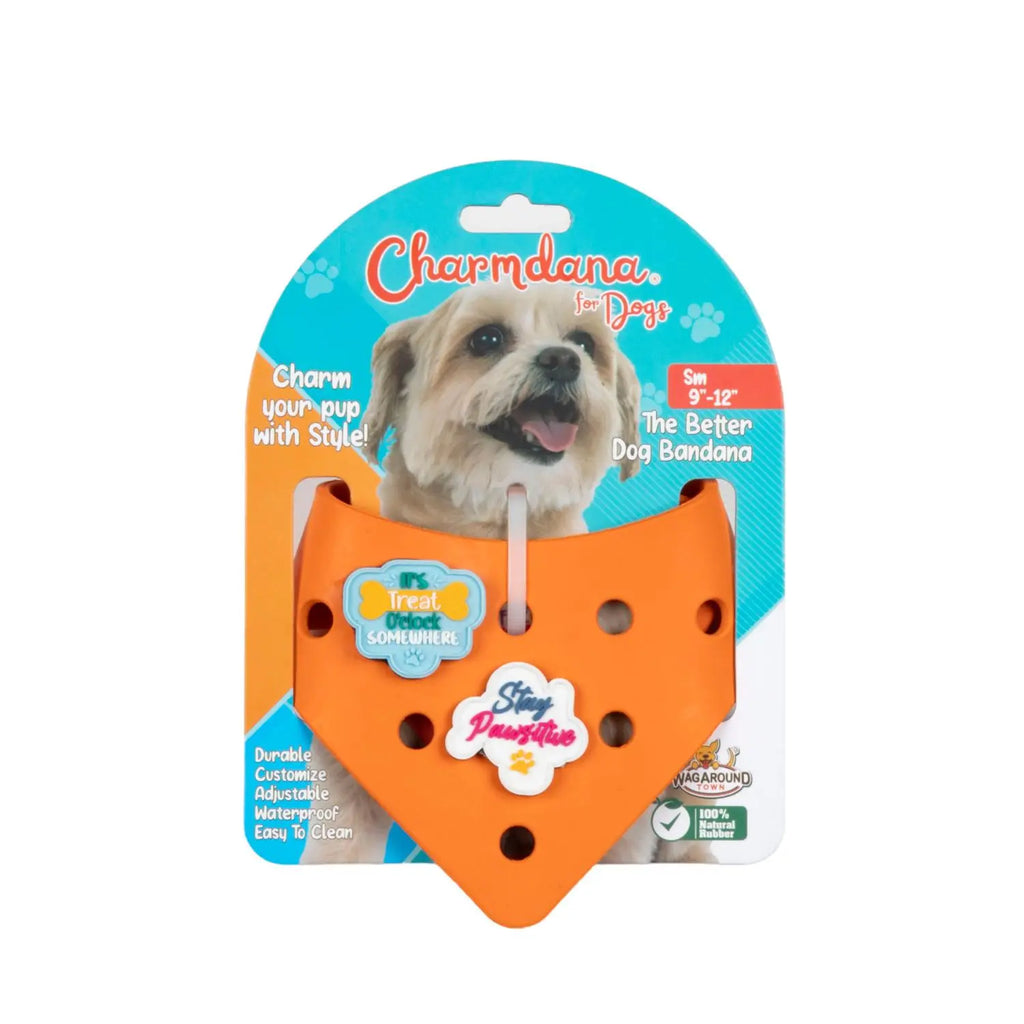 Charmdana-  Light Weight- Orange - Rubber Dog Bandana with Charms! Wag Around Town