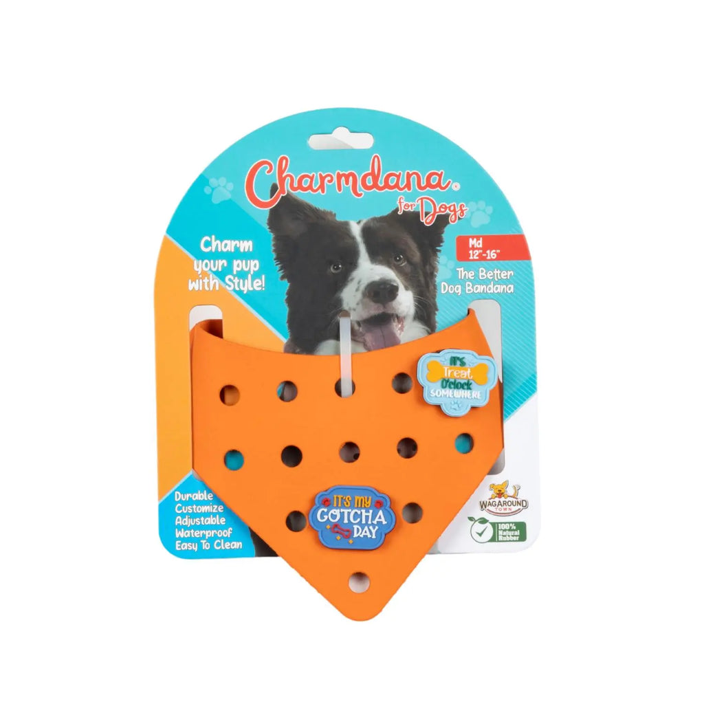 Charmdana-  Light Weight- Orange - Rubber Dog Bandana with Charms! Wag Around Town